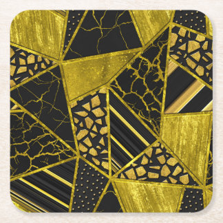 Gold Black Triangle Texture Illusion Square Paper Coaster