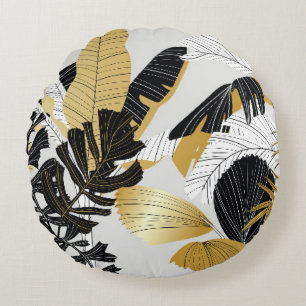 Gold, black tropical plants: luxury. round pillow
