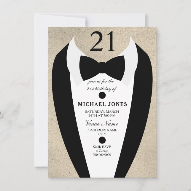 Gold Black Tuxedo Mens 21e Invitation de fête d'an (Devant)