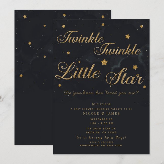 Gold Black Twinkle Stars Night Sky Baby Shower Invitation (Front/Back)