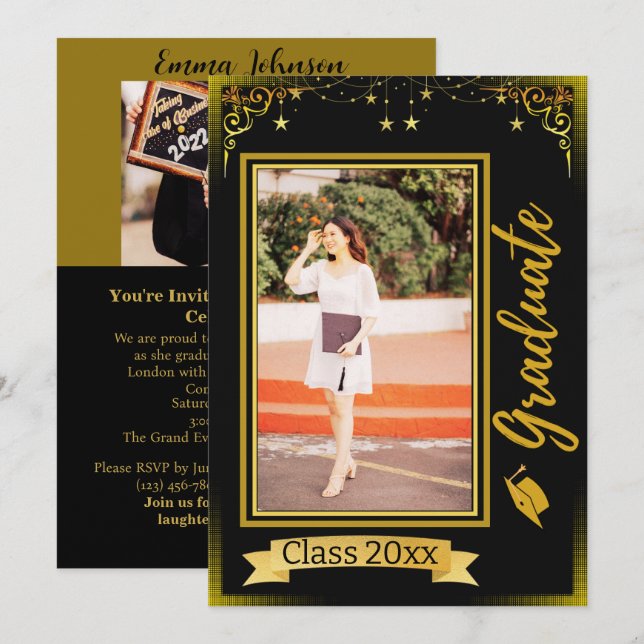  Gold & Black Vertical Frame 2 Photo Graduation  Invitation (Front/Back)