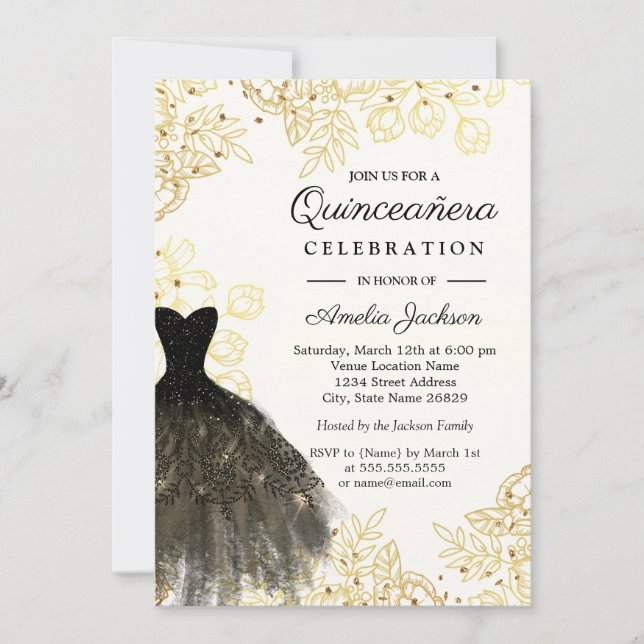 Gold Black Vintage Floral Dress Quinceanera Invitation (Front)