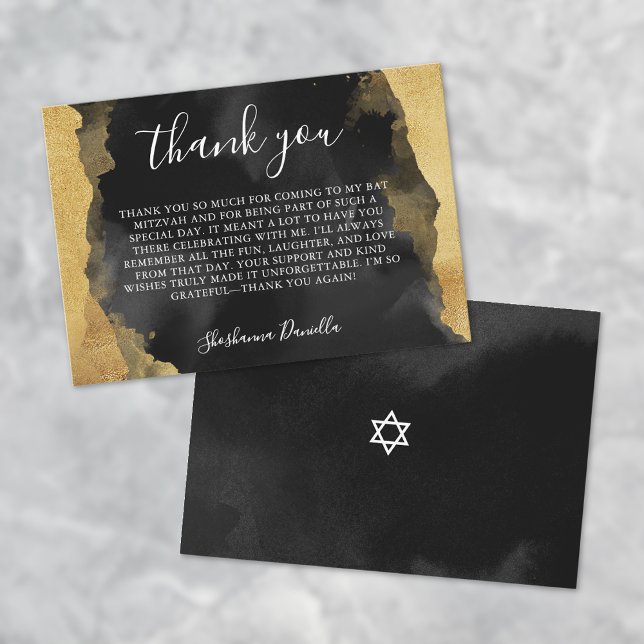 Gold Black Watercolor Bat Bar Mitzvah Thank You Card (Gold Black Watercolor Bat Bar Mitzvah Thank You Card)