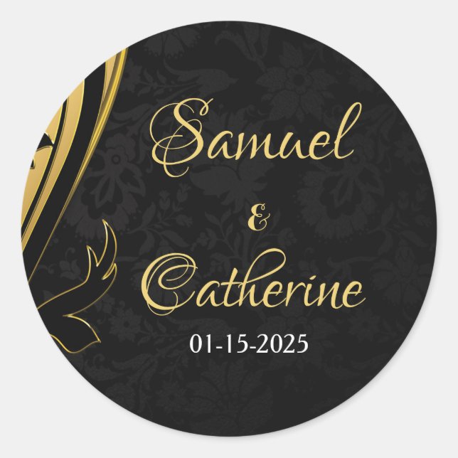 Gold Black Wedding Anniversary Modern Personalize Classic Round Sticker (Front)