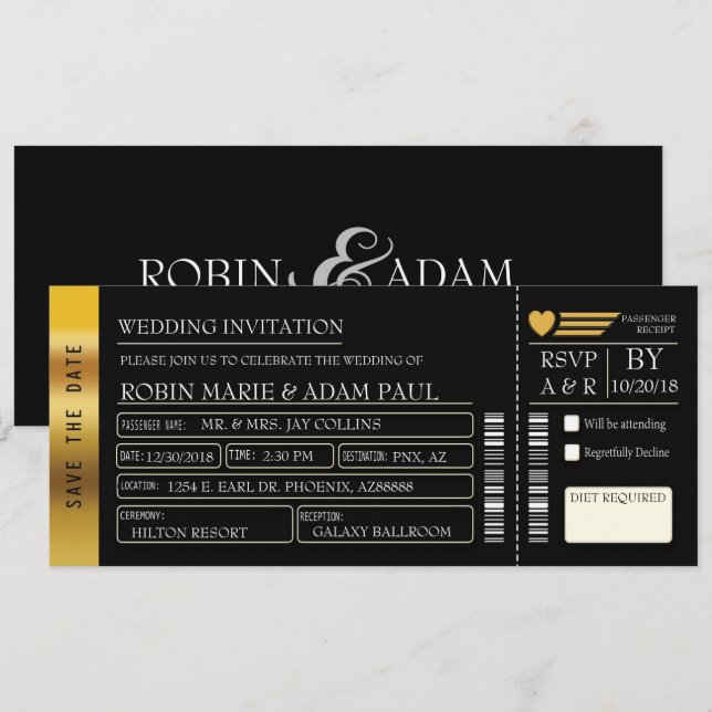 Gold & Black Wedding Ticket Invitation (Front/Back)