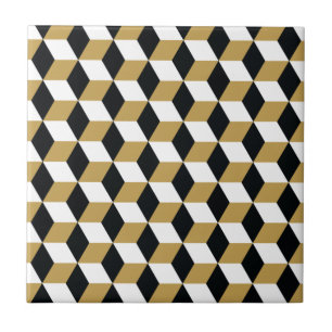 Gold Black & White 3D Cubes Pattern Tile