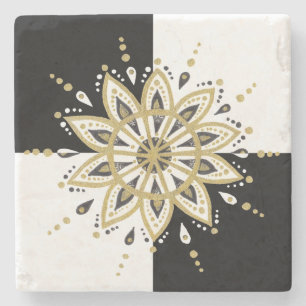 Gold Black & White Circle Mandala Stone Coaster