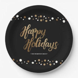 Gold Black White Confetti Corporate Holiday Party Paper Plate