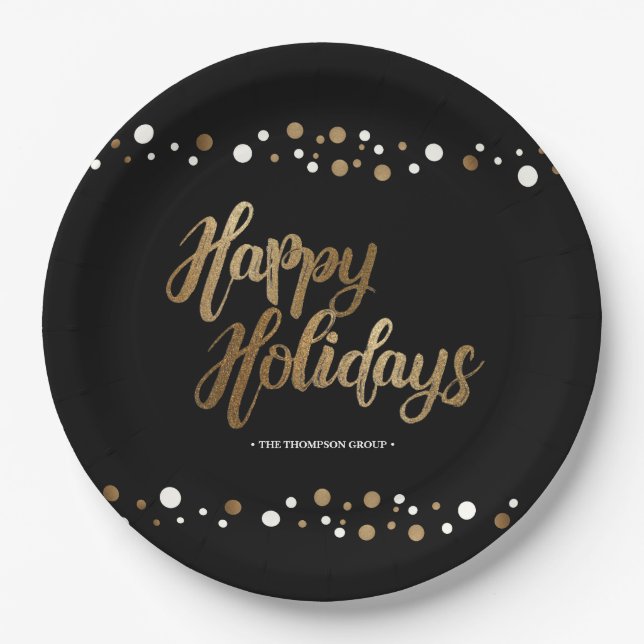 Gold Black White Confetti Corporate Holiday Party Paper Plate (Front)