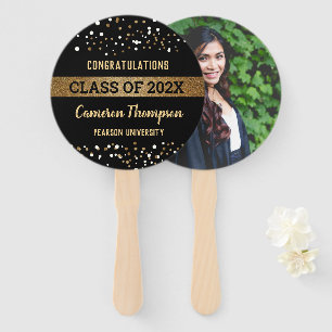 Gold black white confetti Graduation photo Hand Fan
