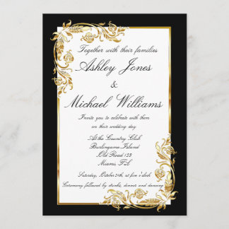 Gold Black White Elegant Glamourous Cordial Weddin Invitation