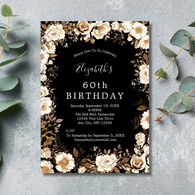 Gold Black White Floral 60th 70th 80th Birthday Invitation (Black White Gold Floral Watercolor 60th 70th 80th Women's Birthday Invitation)