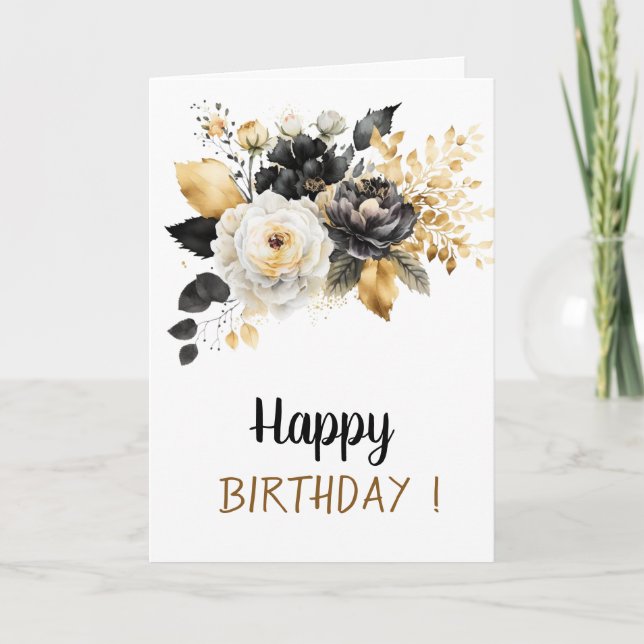Gold Black White Flowers Birthday Card (Front)