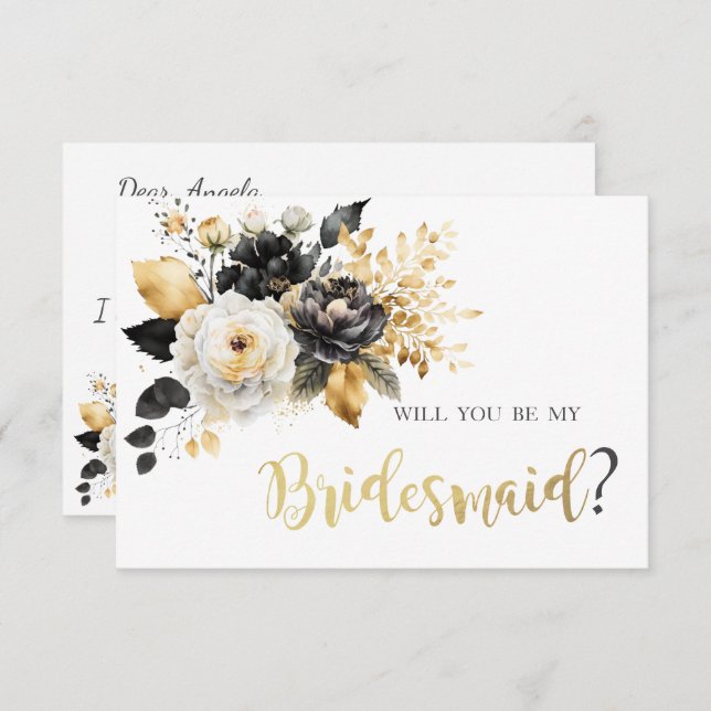Gold Black White Flowers Bridesmaid Card (Front/Back)