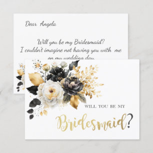 Gold Black White Flowers Bridesmaid Card