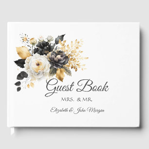 Gold Black White Flowers Guest Book