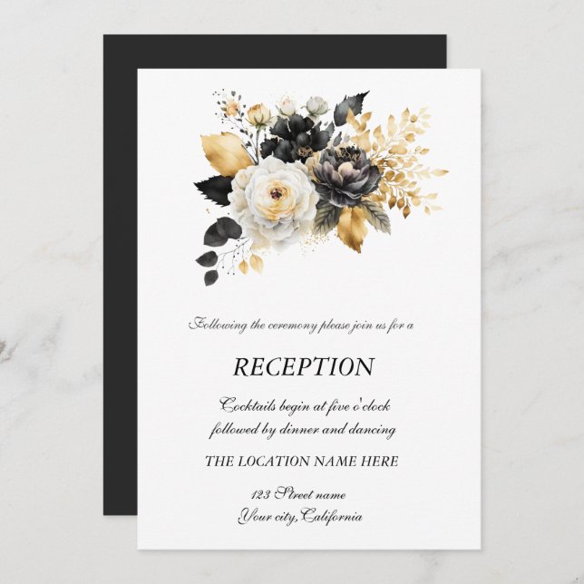 Gold Black White Flowers Invitation (Front/Back)