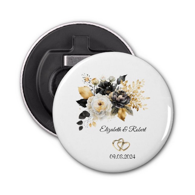 Gold Black White Flowers Wedding Bottle Opener (Front)