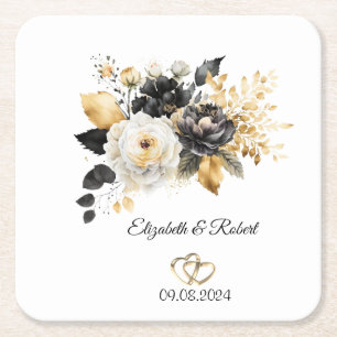 Gold Black White Flowers Wedding  Square Paper Coaster