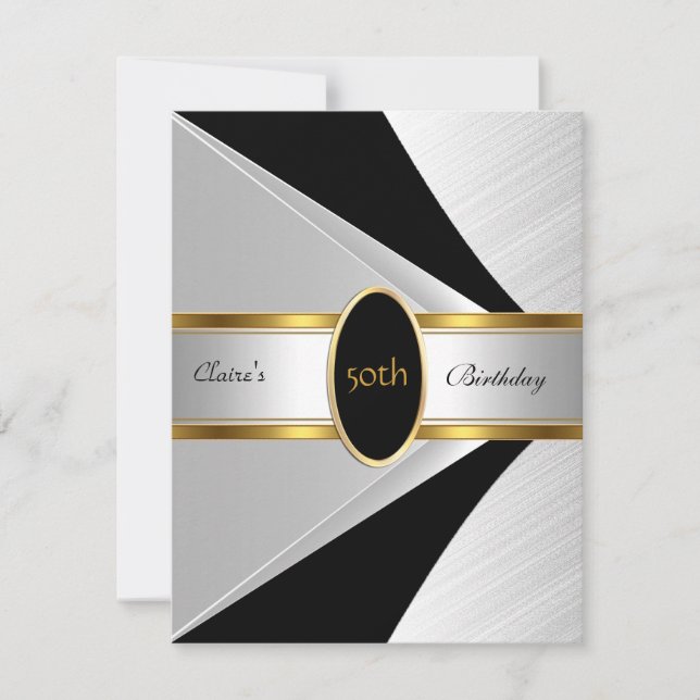 Gold Black White Invite 50th Birthday Party (Front)