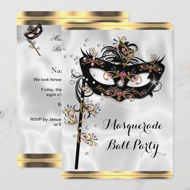 Gold Black White Masquerade Ball Party Mask Invitation (Front/Back)
