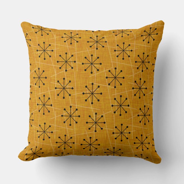 Gold, Black, White | Mid-Century Atomic Starbursts Throw Pillow (Front)