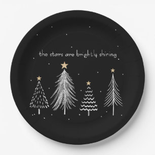 Gold, Black, White Modern Christmas Tree Stars Paper Plate