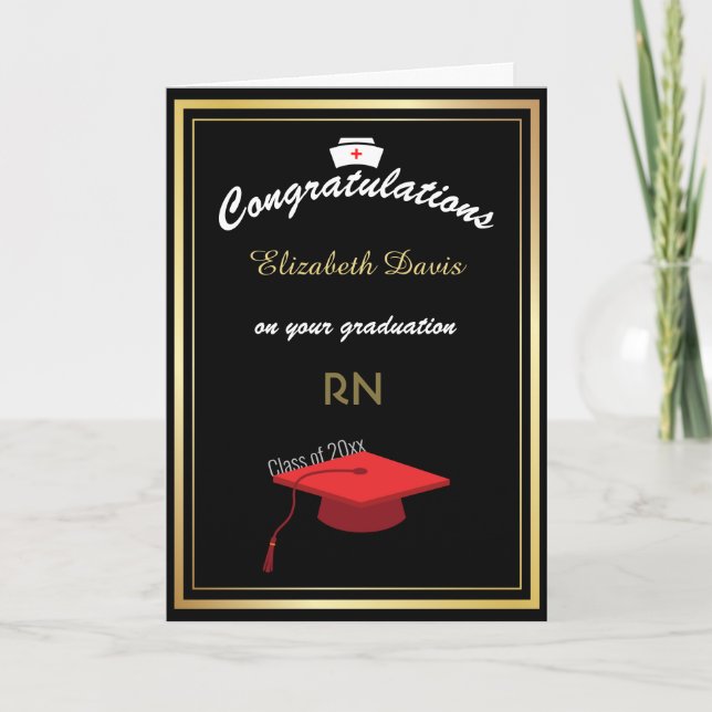 Gold Black White Nurse Graduation Congratulations  Card (Front)