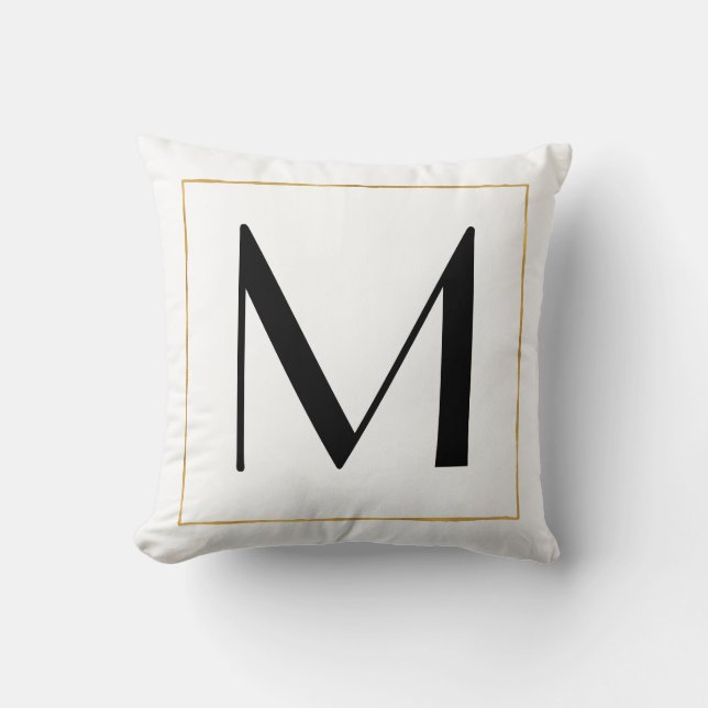 Gold Black White Personalized Monogram Letter Throw Pillow (Front)