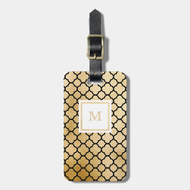 Gold, Black White quatrefoil Luggage Tag (Front Vertical)