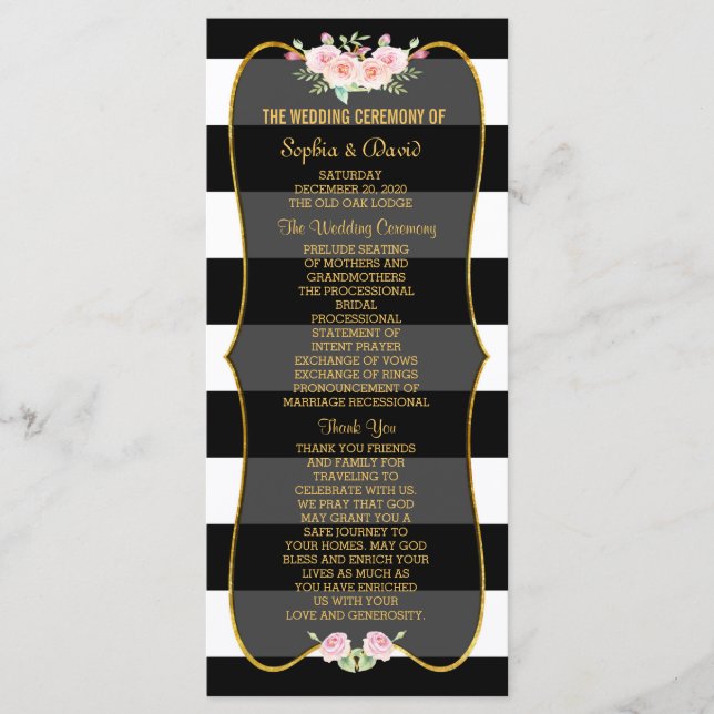 Gold Black White Stripes Fleurs Programme de maria (Devant)