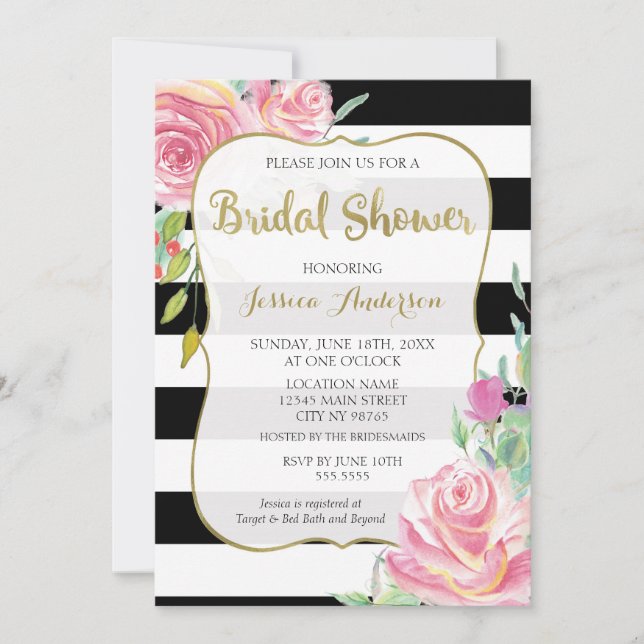 Gold, Black & White Stripes Floral Bridal Shower Invitation (Front)