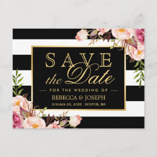 Gold Black White Stripes Floral Save the Date Postcard