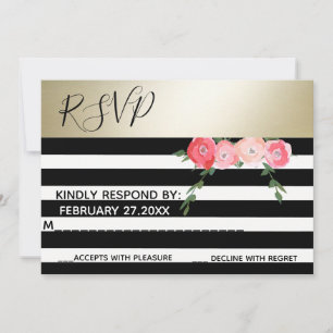 Gold Black/white stripes roses wedding RSPV Invitation