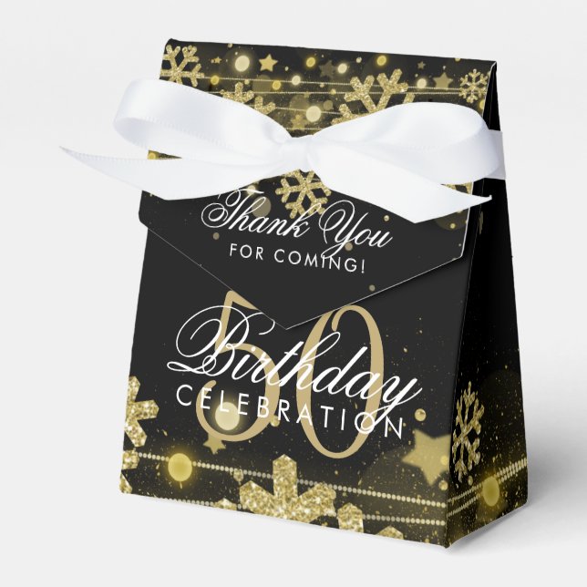 Gold Black Winter 50th Birthday Thank You Favor Box (Front Side)