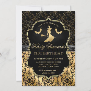 Gold Black Witch and Bat Halloween 21st Birthday Invitation