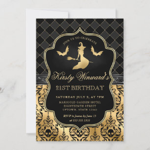 Gold Black Witch and Bat Halloween 21st Birthday Invitation