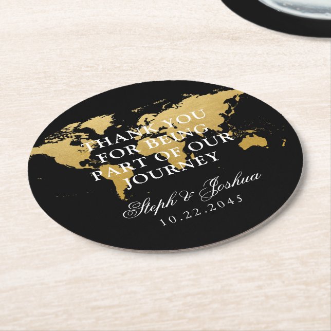 Gold Black World Map Thank You Wedding Favour Round Paper Coaster (Angled)