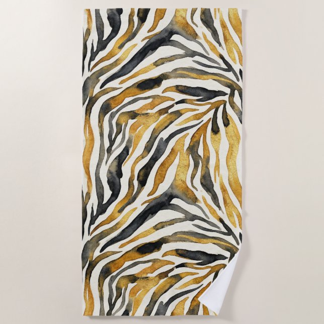 Gold Black Zebra Print Pattern Beach Towel (Front)