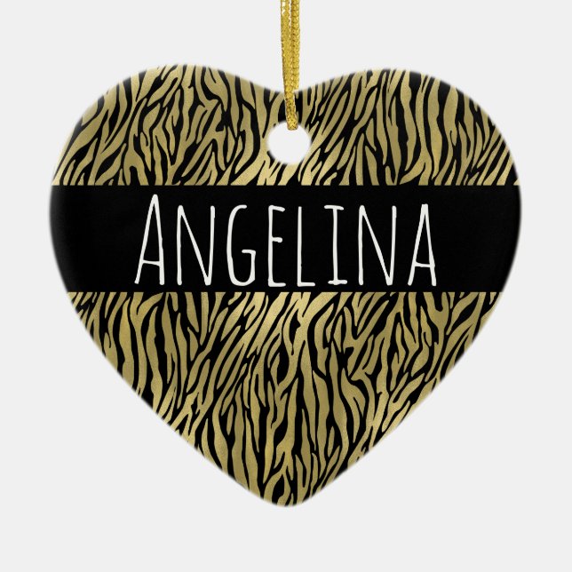 Gold Black Zebra Print Personalized Name Ceramic Ornament (Front)