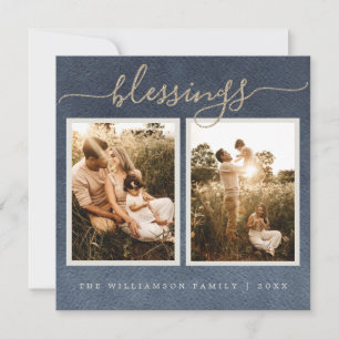 Gold Blessings Dark Blue Christmas Photo Holiday Card