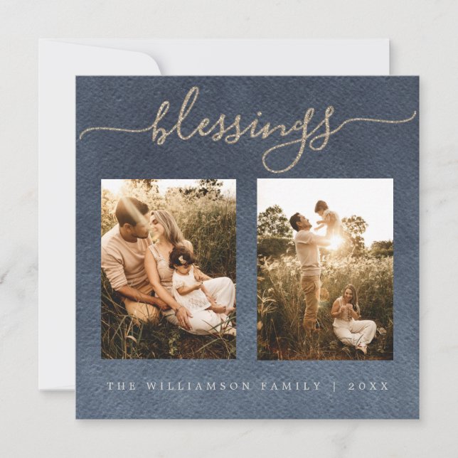 Gold Blessings Dark Blue Christmas Photo Holiday Card (Front)