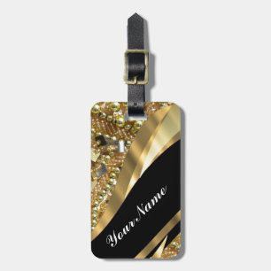 Gold bling & black swirl pattern luggage tag
