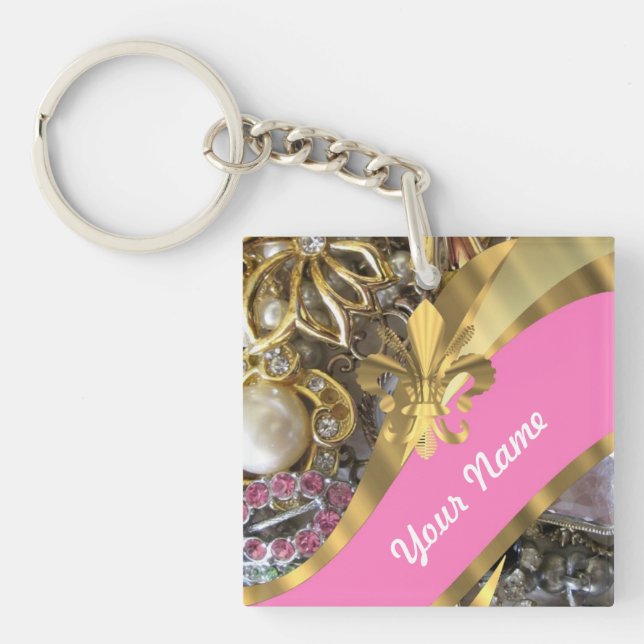 Gold bling fleur de lys keychain (Front)