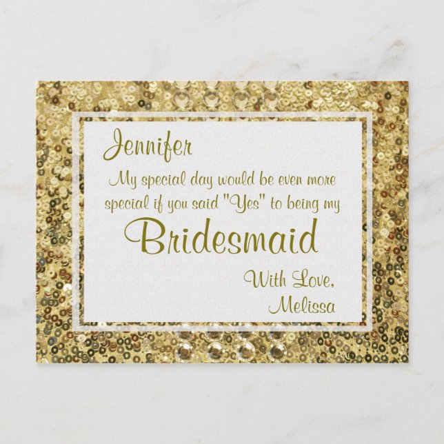 Gold Bling | Will You Be My Bridesmaid? Invitation Postcard (Front)