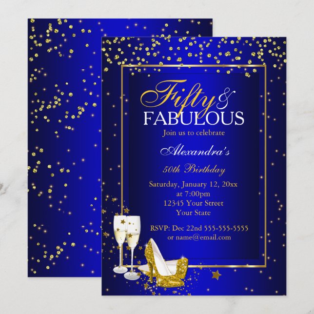 Gold Blue 50 Fabulous Birthday champagne party Invitation (Front/Back)