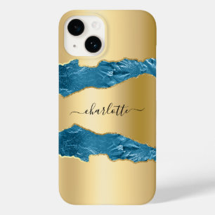 Gold blue agate marble name script  Case-Mate iPhone 14 case