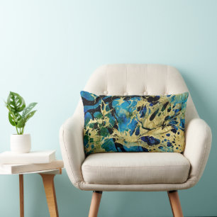 Gold, Blue, and Black Art - Abstract Golden Sea Lumbar Pillow