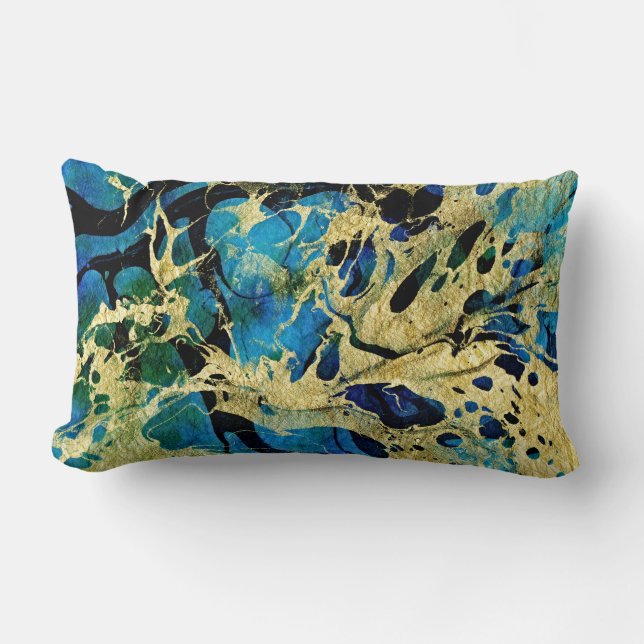 Gold, Blue, and Black Art - Abstract Golden Sea  Lumbar Pillow (Front)