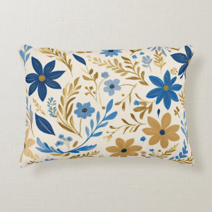 Gold blue and white floral accent pillow
